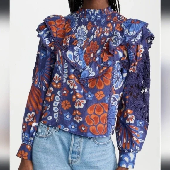 FARM RIO Smocked Pineapple Flowers Navy Blue Blouse Size Small - Picture 4 of 13